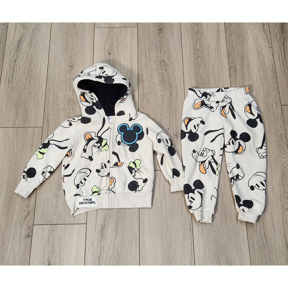 Disney Mickey & Friends Toddler 3T‎ Hoodie Jogger Tracksuit Set Cream Sweatshirt